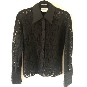 Black, Lace, PORTS INTERNATIONAL Button-Up Blouse